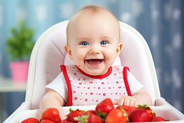 Wall Mural - Cute, smiling toddler with plate of ripe, fresh strawberries sitting on a chair by the table. Close-up.