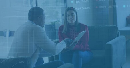 Poster - Animation of graphs and trading boards over diverse coworkers discussing reports on digital tablet