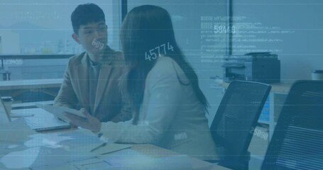 Poster - Animation of changing numbers, computer language over diverse coworkers discussing in office