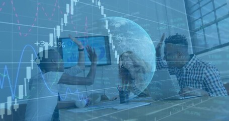 Poster - Animation of graphs, globe over diverse coworkers giving high fives after achieving target