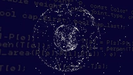 Poster - Animation of connected dots forming globes and computer language over black background