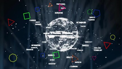 Poster - Animation of geometric shapes, texts around globe and lens flares over black background