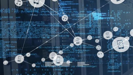 Poster - Animation of connected icons and computer language over data server room