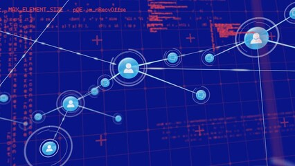 Poster - Animation of connected icons and computer language over blue background