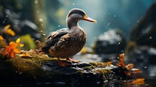 A Male Wild Duck Standing On A Rock