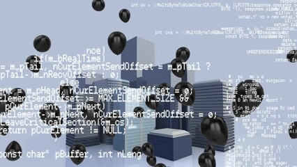 Poster - Animation of computer language over black balloons and 3d buildings against abstract background