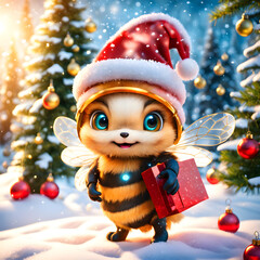 This is a super cute little chibi bee wearing a red Santa hat. The hat is a bit too big for its head, but that just makes it look even more adorable. The bee has a very slim body, and its wings are ti