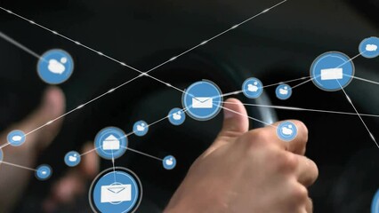 Poster - Animation of icons connected with lines over cropped hands of caucasian man on steering wheel