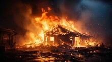 A Burning Building Or House Engulfed In Flames