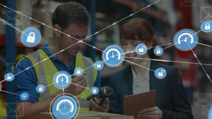 Poster - Animation of connected icons, envelopes over diverse coworkers discussing in warehouse