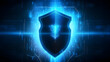 Futuristic cyber security shield guard blue abstract digital glowing background. Hacking technology computer network protection concept. Cybersecurity system tech sign symbol. Generative Ai.