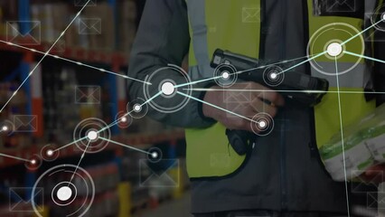Poster - Animation of connected icons, envelopes over caucasian coworkers scanning details of parcel