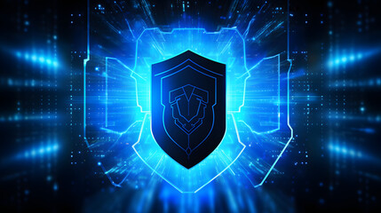 Sticker - Futuristic cyber security shield guard blue abstract digital glowing background. Hacking technology computer network protection concept. Cybersecurity system tech sign symbol. Generative Ai.