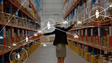 Poster - Animation of connected icons over happy caucasian woman mesmerized by looking at inventory