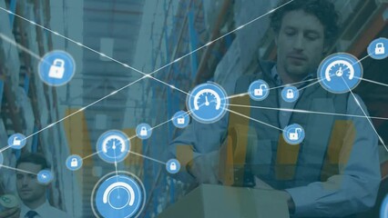 Poster - Animation of connected icons, graph over caucasian workers taping cardboard box in warehouse
