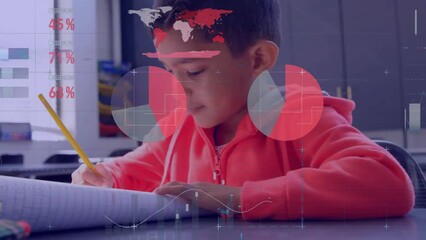 Poster - Animation of multicolored infographic interface over writing on notebook in classroom