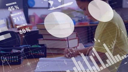 Poster - Animation of infographic interface over biracial boy writing in library in school