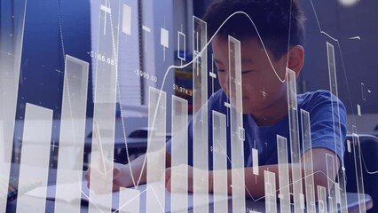 Poster - Animation of multiple graphs with changing numbers over asian boy writing in notebook