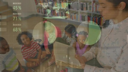 Poster - animation of multicolored infographic interface over female teacher reading story book for students