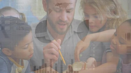 Poster - animation of infographic interface over diverse male teacher explaining 3d model to students