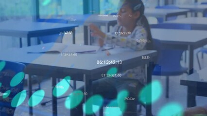 Poster - animation of multiple graphs, numbers, map over diverse students giving exam in classroom at school
