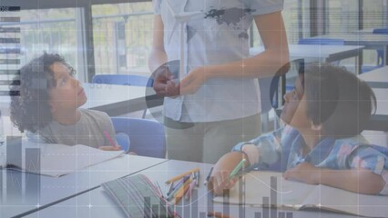 Poster - animation of infographic interface over diverse female teacher explaining students in classroom