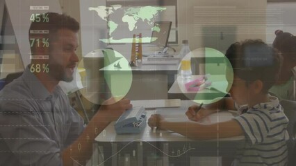 Poster - animation of multicolored infographic interface, diverse male teacher talking with boy in classroom