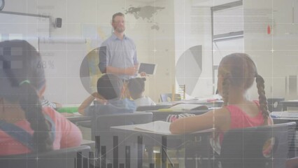 Poster - animation of infographic interface, diverse male teacher teaching students in classroom at school