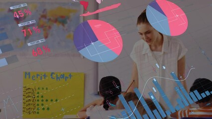 Poster - Animation of multicolored infographic interface over diverse female teacher teaching students