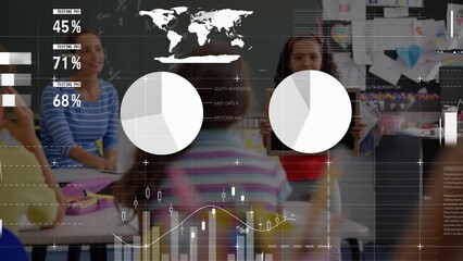 Poster - Animation of infographic interface over diverse girl with slate standing and speaking in classroom
