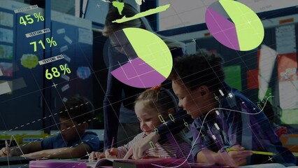 Poster - Animation of infographic interface over diverse female teacher helping students in classroom