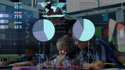 Poster - Animation of infographic interface over diverse female teacher helping students in classroom