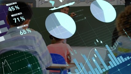 Poster - Animation of infographic interface over diverse male teacher teaching students on blackboard
