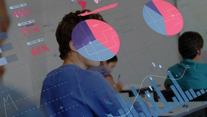 Poster - Animation of multicolored infographic interface over smiling caucasian boy in classroom