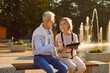 © Studio Romantic - Smiling happy elderly senior couple sitting outdoors on bench in park using digital tablet for social media, searching information, watching funny movie or having video call enjoying retirement.
