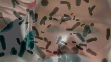Poster - Animation of blood cells over close up of biracial female scientist looking at liquid in test tube