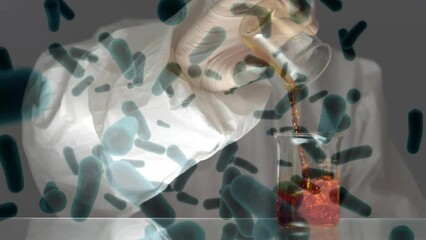 Poster - Animation of blood cells over caucasian scientist pouring liquid in beakers at laboratory