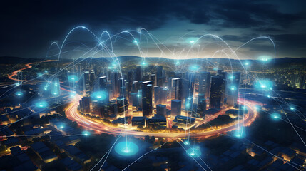 Smart city and communication network concept. 5G. LPWA (Low Power Wide Area). Wireless communication. Generative Ai.