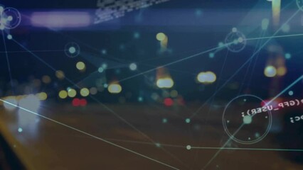 Poster - Animation of connected dots, computer language over blurred vehicles moving on street