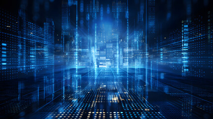 Smart home entertainment and futuristic security on blue abstract digital binary code background. Business technology and Digital transformation concept. Future technology theme. Generative Ai.