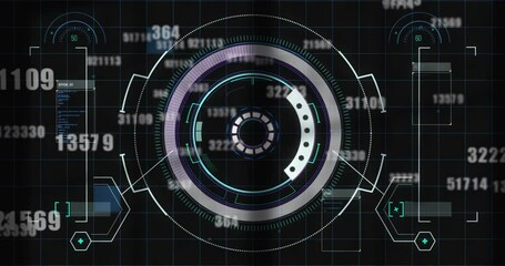 Poster - Animation of loading circles, computer language over falling changing numbers on black background