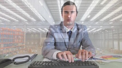 Poster - Animation of aerial view of warehouse over confused caucasian man typing on keyboard at office