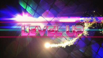 Poster - Animation of level up text and moving lens flare over blue squares against black background