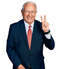 Poster - Senior man with grey hair wearing business suit and glasses smiling looking to the camera showing fingers doing victory sign. number two.