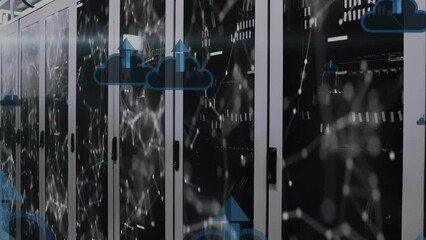 Poster - Animation of arrow in clouds over connected dots on data server racks in server room