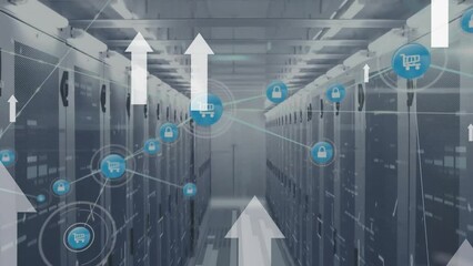 Poster - Animation of up arrows and connected icons over bars on data server racks in server room