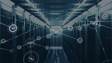 Poster - Animation of icons connected with lines and binary codes over data server room