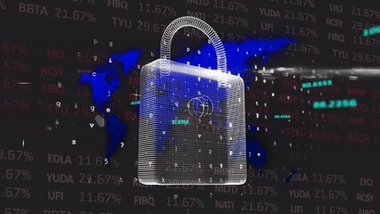 Poster - Animation of padlock, letters, numbers, symbols, trading board and map over black background