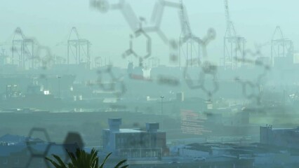 Poster - Animation of molecule structures and computer language over modern city against sky