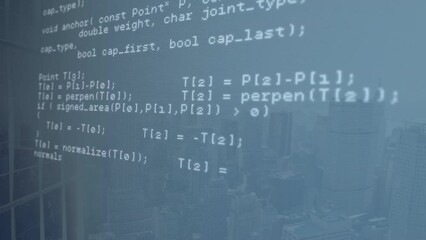 Poster - Animation of computer language moving against modern buildings